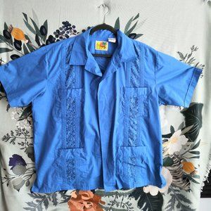 Haband Guayabera Shirt Mens Button Up Short Sleeve Blue Hawaiian Pockets Sz 2XL